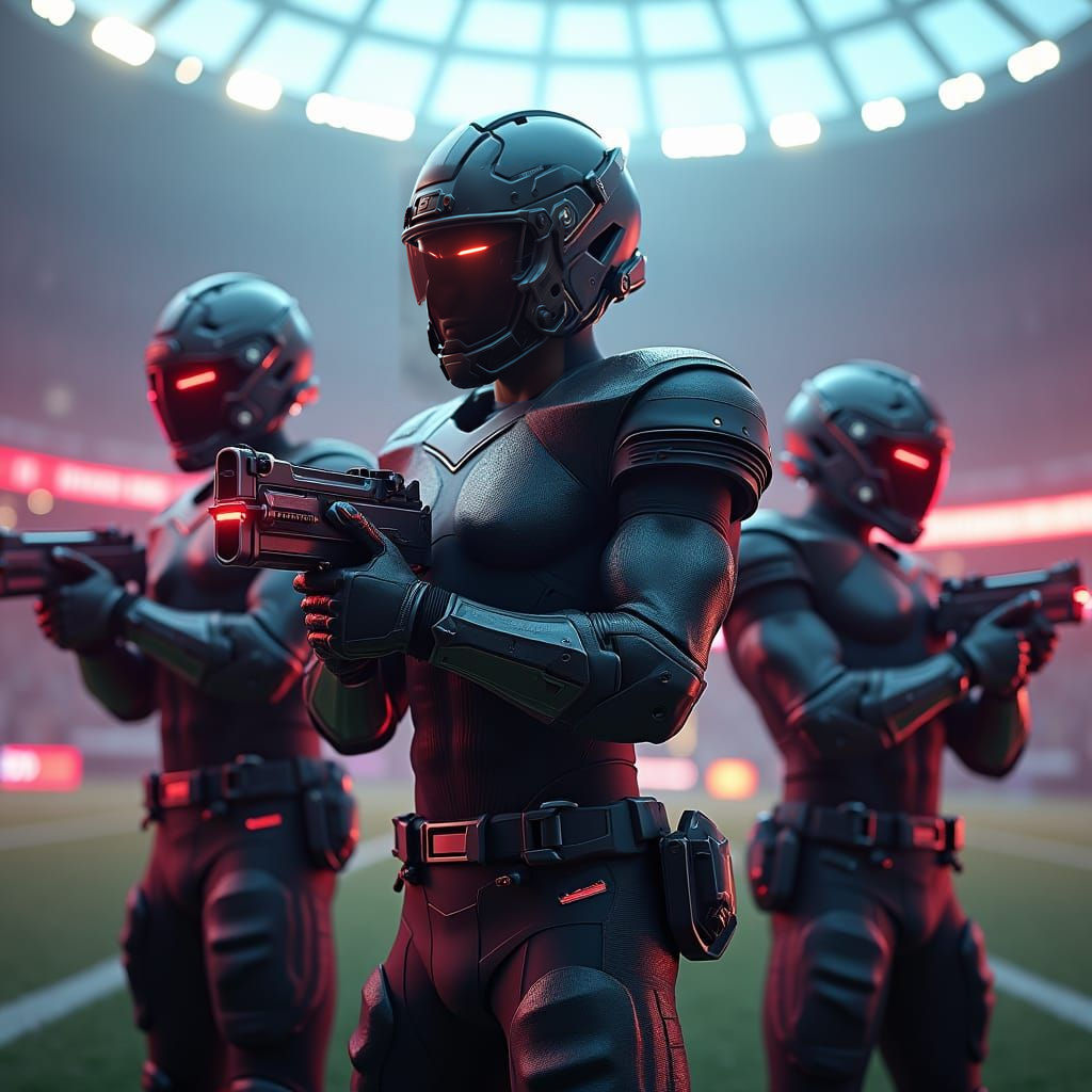 Futuristic Football Players in a Cyberpunk Stadium