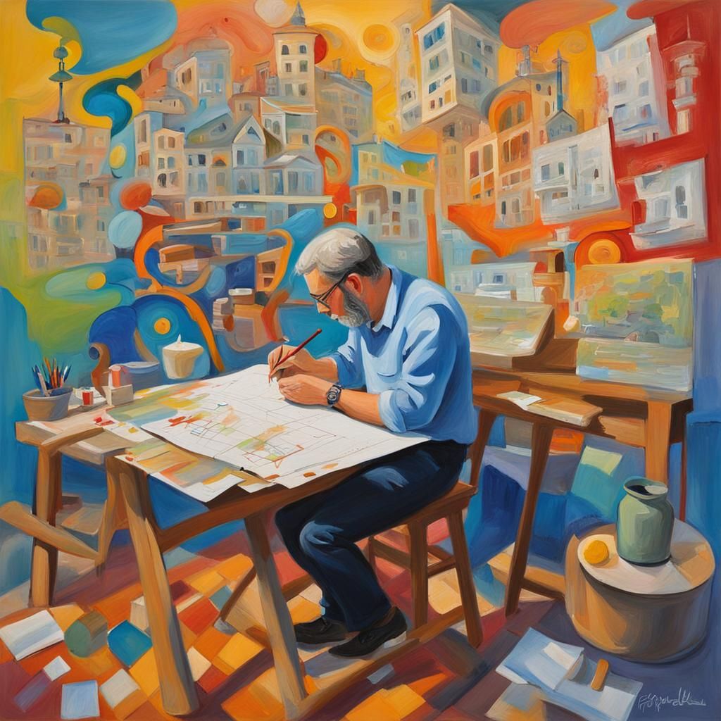 Architect Sketching Plans: Vibrant Gouache Oil Painting