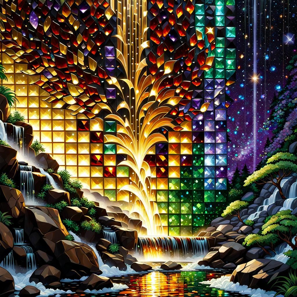 Gemstone Mosaic Waterfall Art in Comic Book Style
