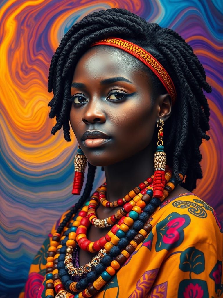Regal Black Woman in Vibrant Dreamlike Landscape