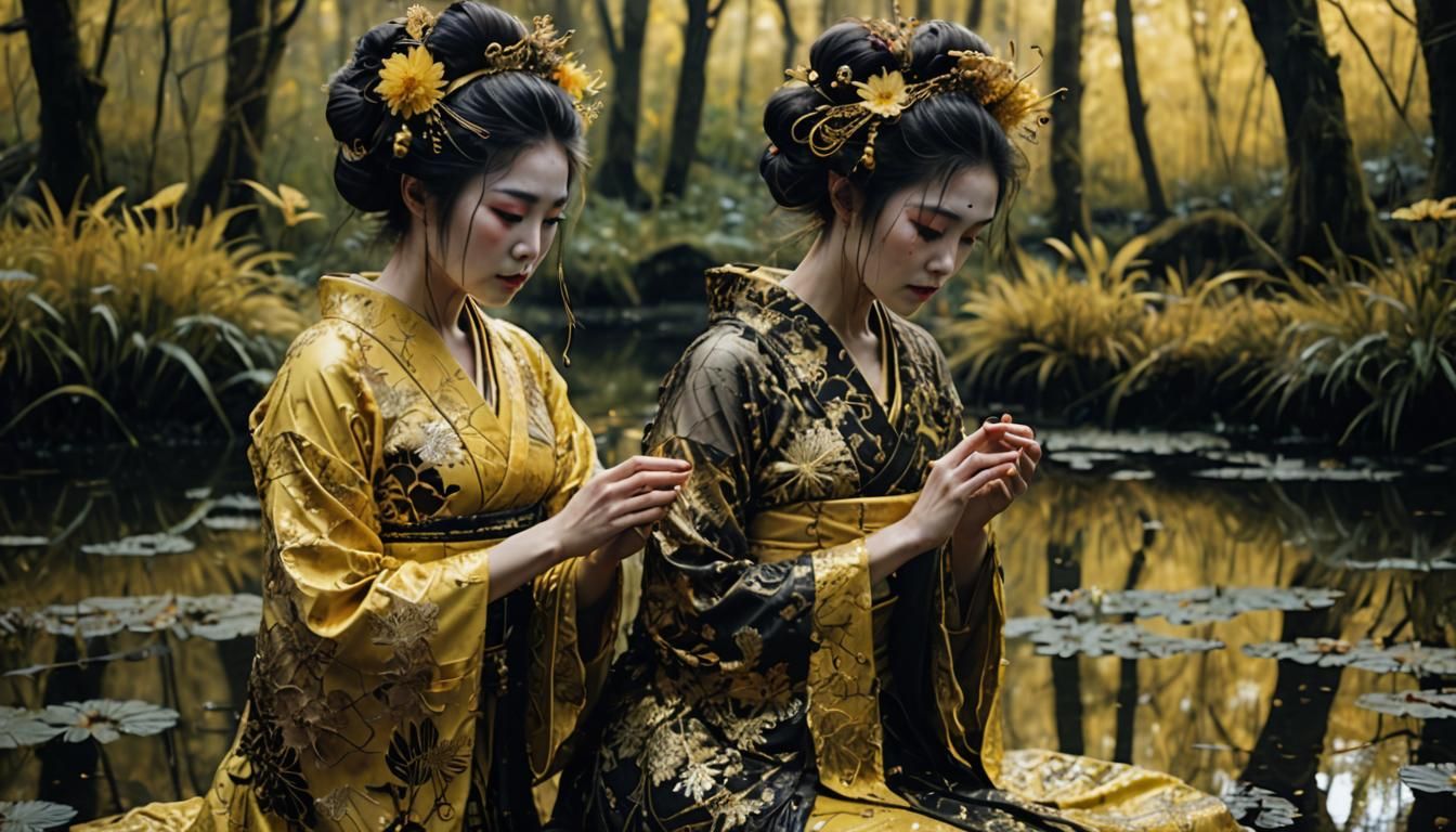 Ornate Geisha Mirrored Reflection in Carne Griffiths Style