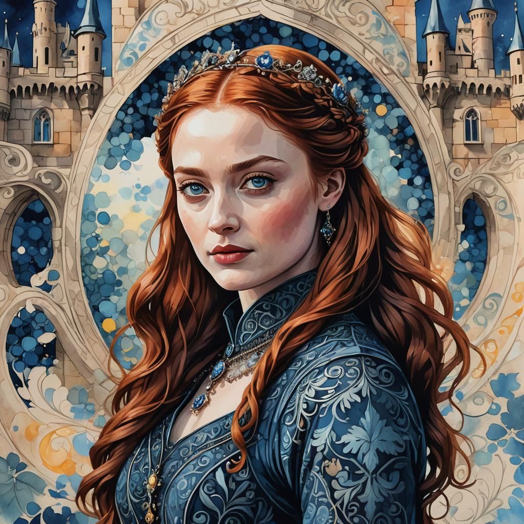 Sansa Stark Vector Portrait with Bokeh and Watercolor