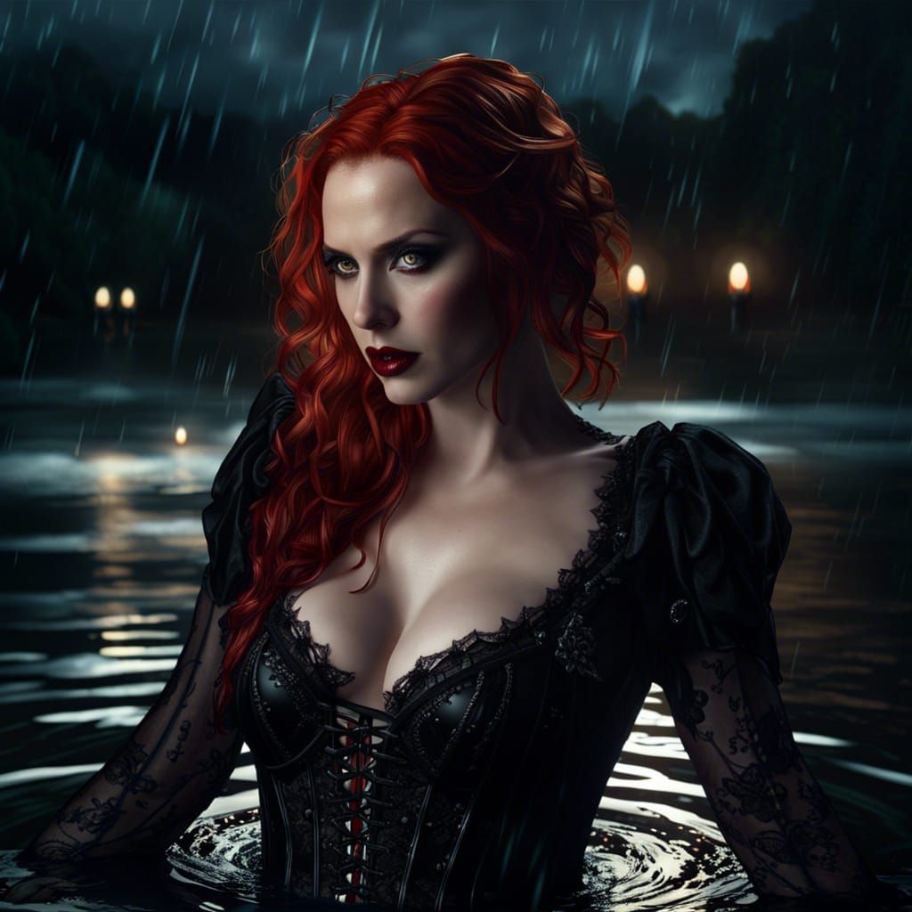 Wet Redhead Vampire in Lake on Dark Night