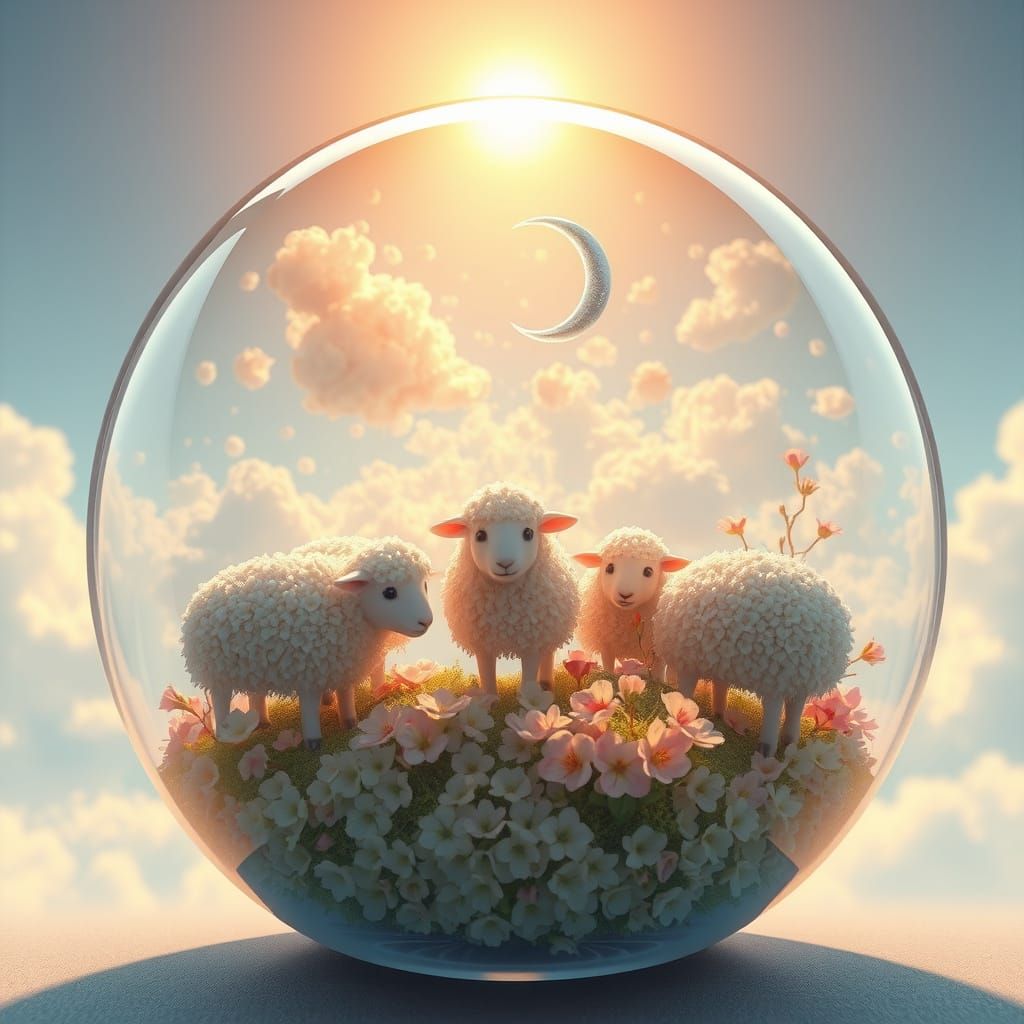 Whimsical Glass Sphere World with Pastel Sheep and Floating ...