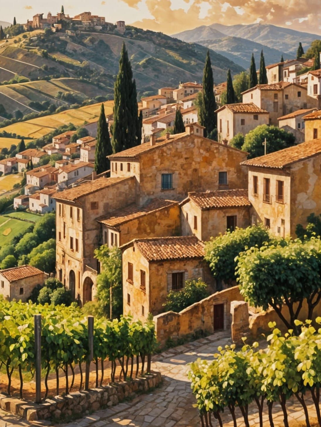 Spanish Village at Golden Hour in Earthy Impasto Style
