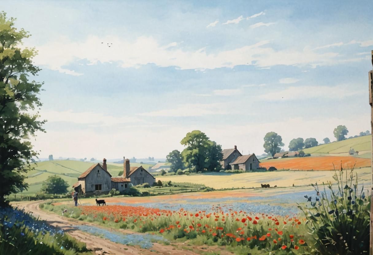 Farm Amidst Poppy Fields with Family