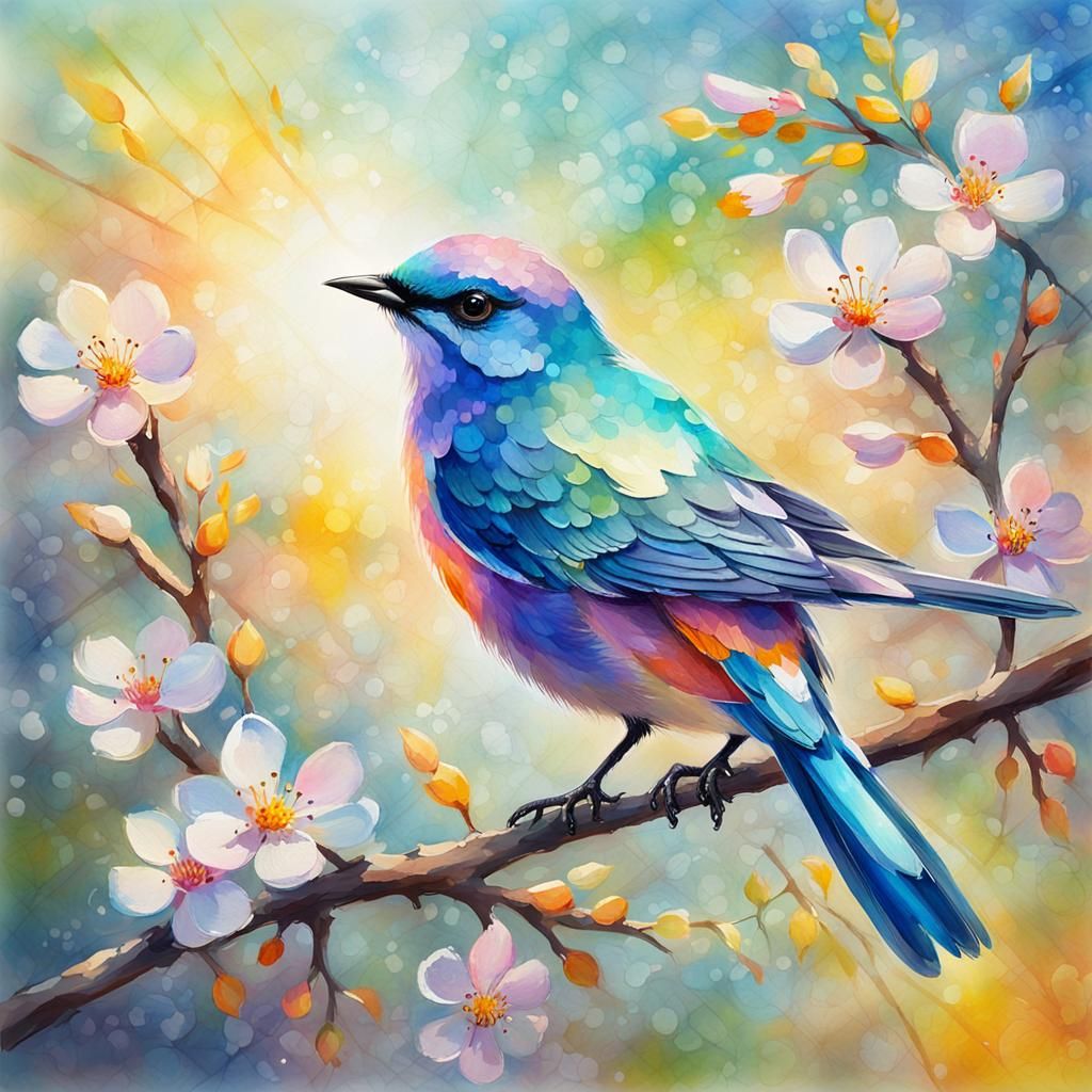 Iridescent Bird on Flowering Branch in Gouache Style