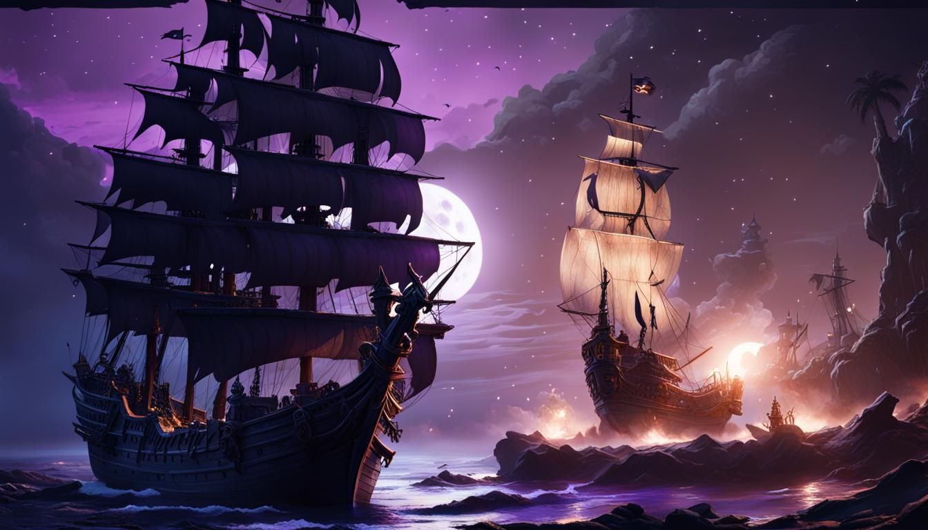 Dark Elf Pirate Ship Battle Under Purple Moon