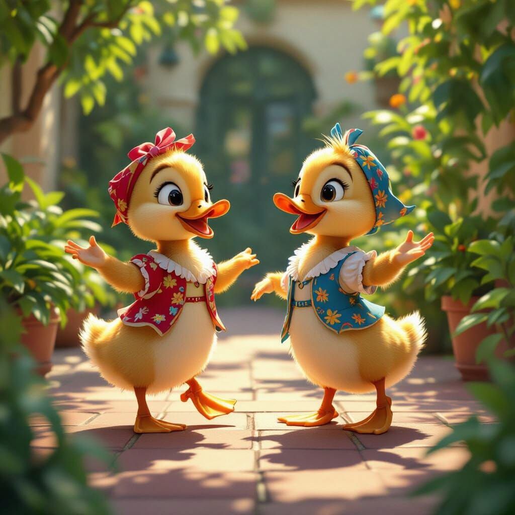 Ducklings Dance in Sunny Courtyard: 3D Disney Cartoon