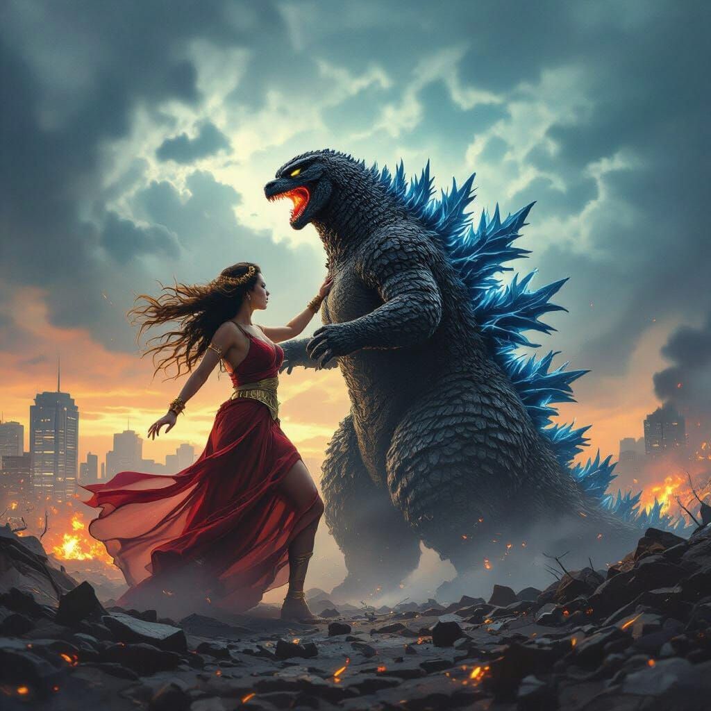 Giant Woman Battles Godzilla in Epic Cityscape