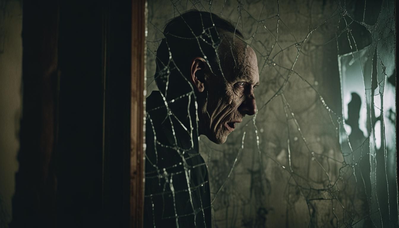 Grotesque Figure Emerges from Shattered Mirror in a Dark, Ha...