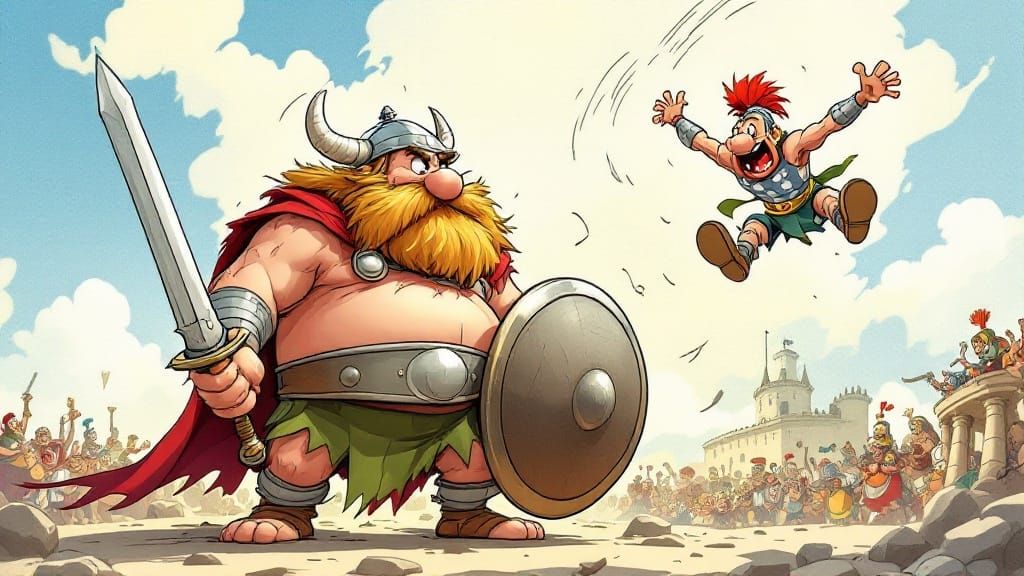Viking Gaul Warrior Punching Roman, Asterix Comic Style