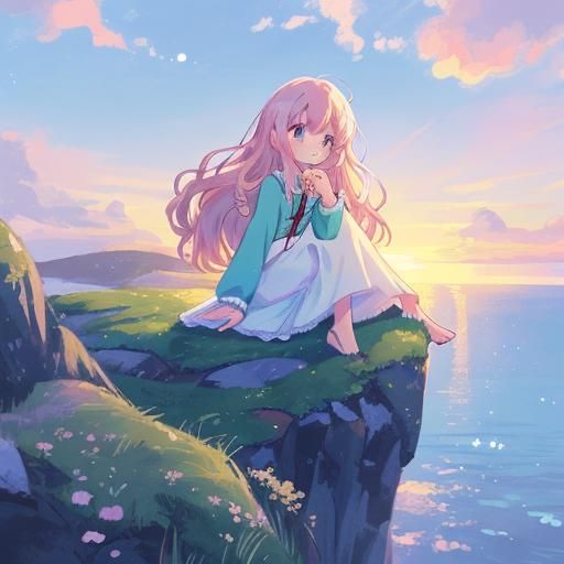 Anime Girl at Sunset: Vibrant Pastel Digital Art