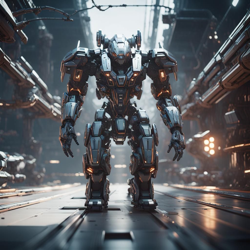Man Drives Intricate Mech Suit in Sci-Fi City