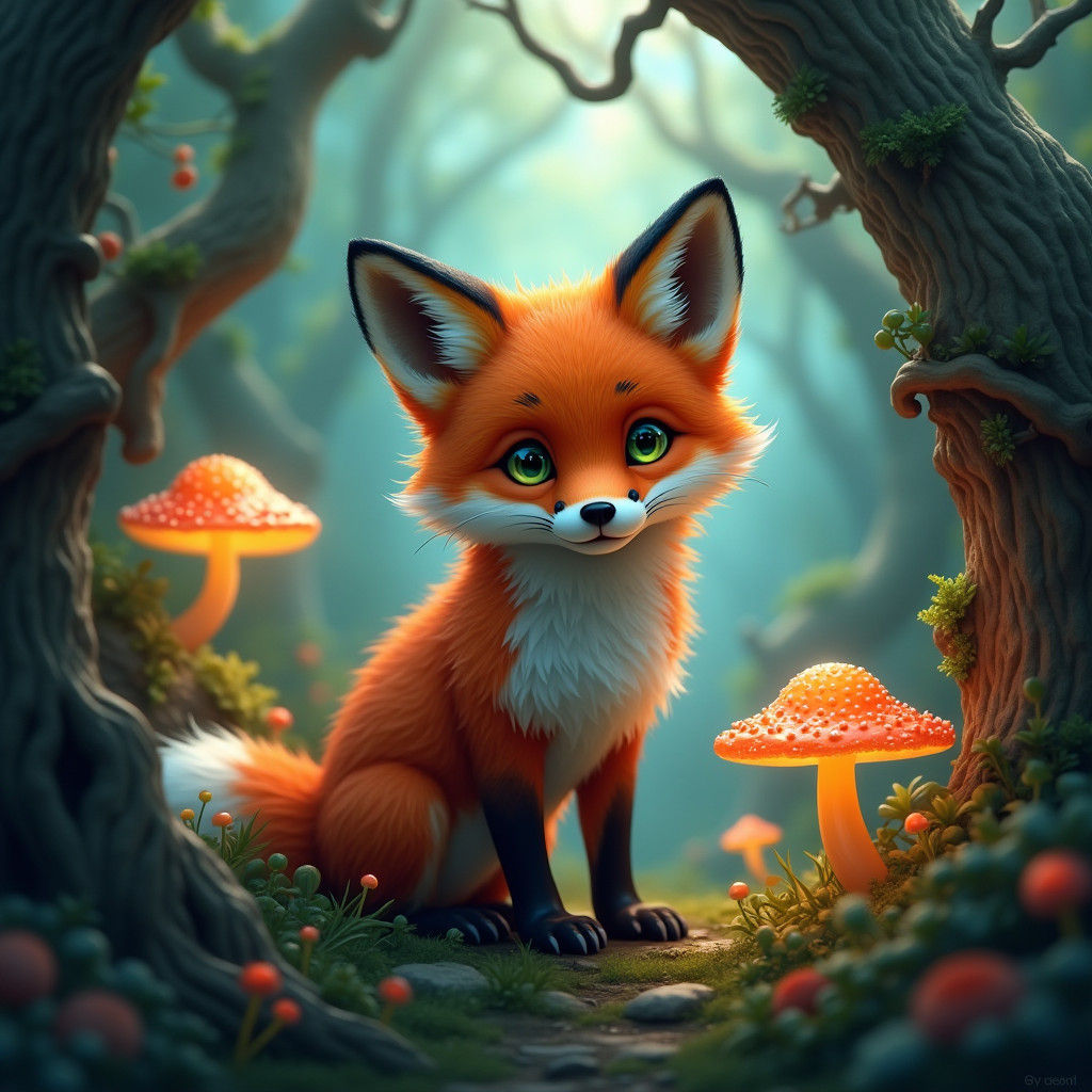 Red Fox in Mystical Forest, Detailed Matte Painting