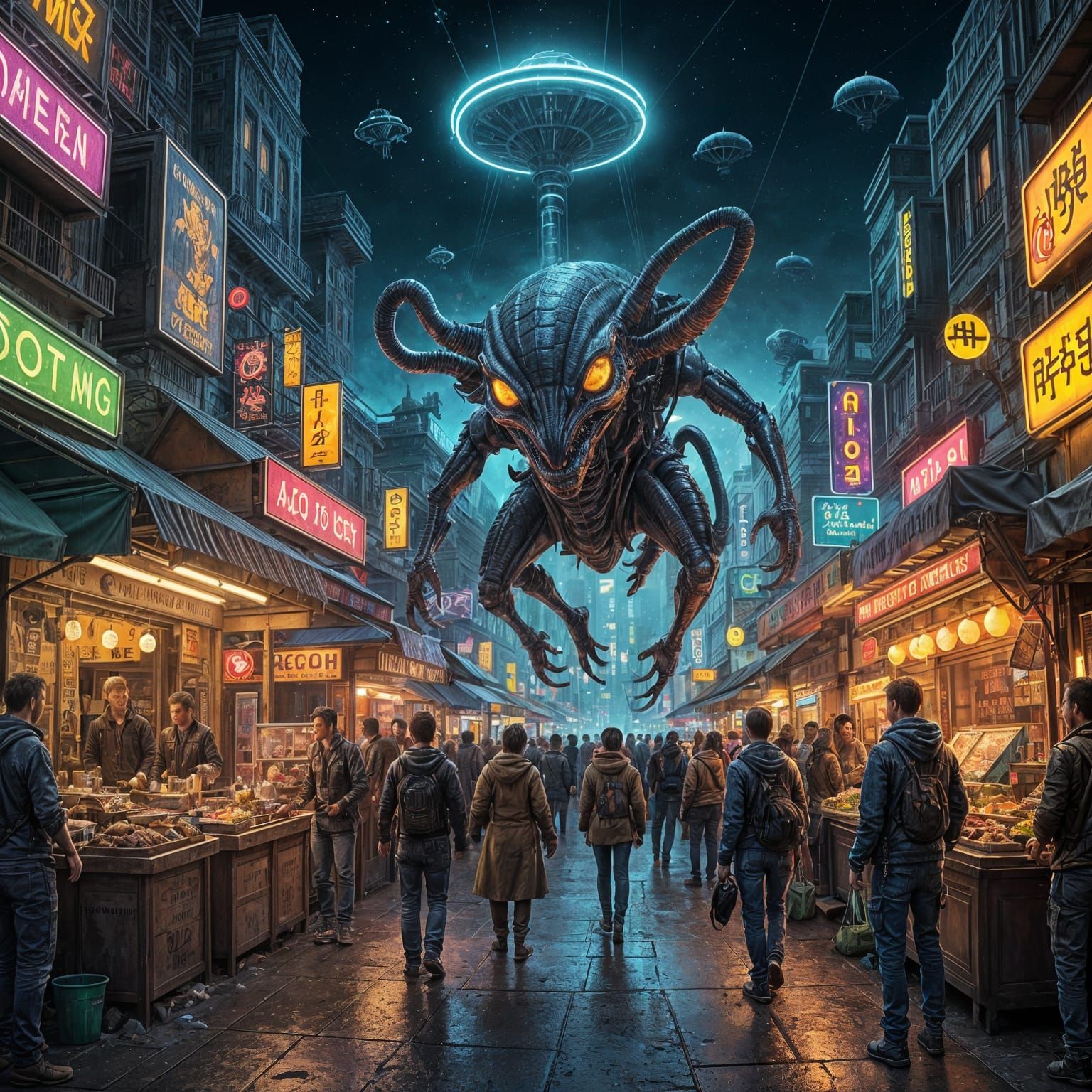 Alien Market Square at Night as Airbrush Art