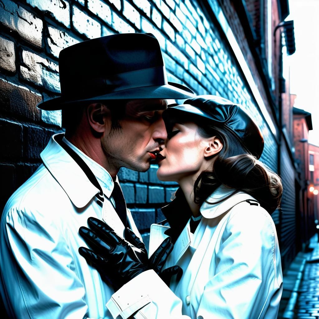 Film Noir Kiss in Graphic Novel Style