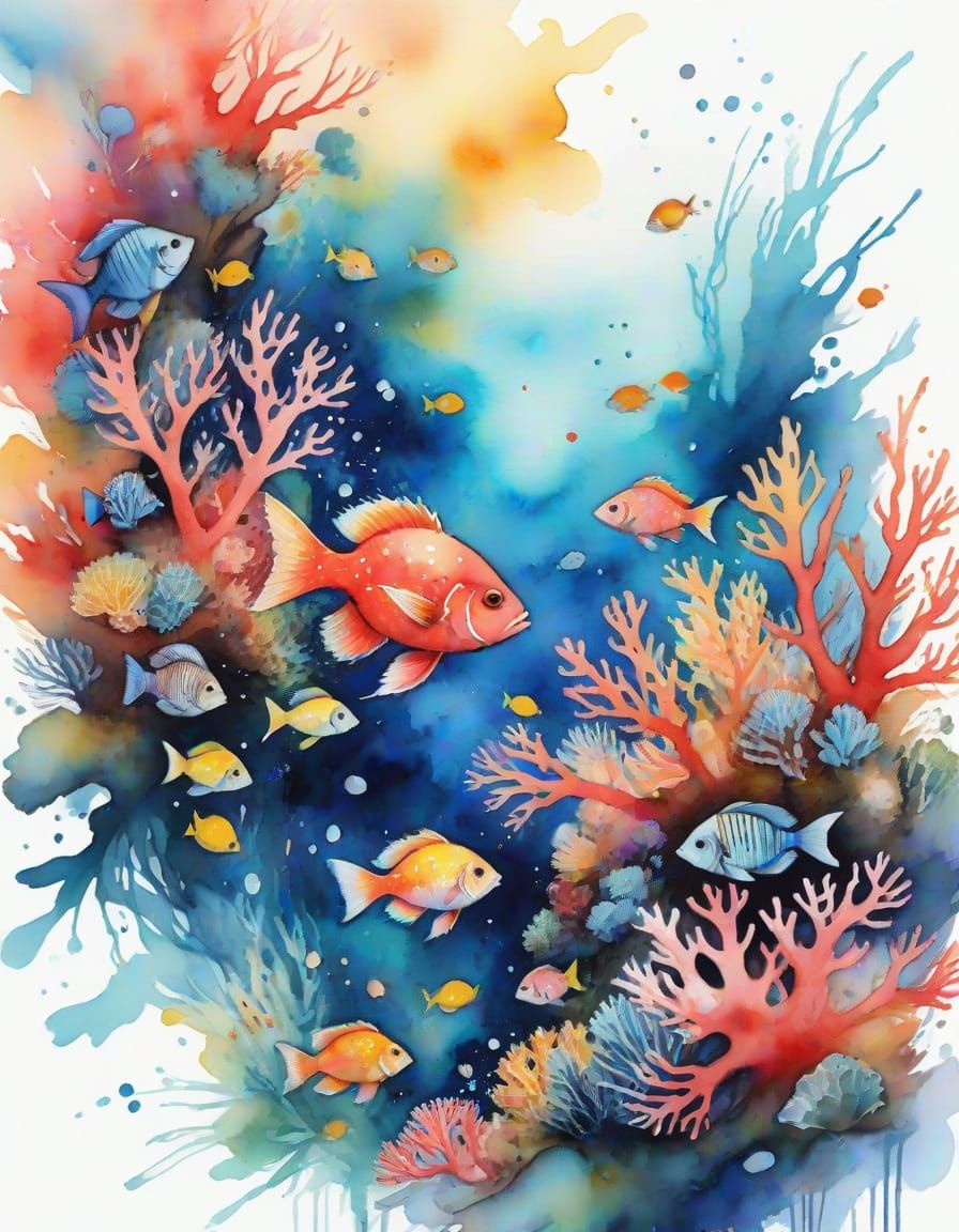 Watercolor Coral Reef Bird's Eye View