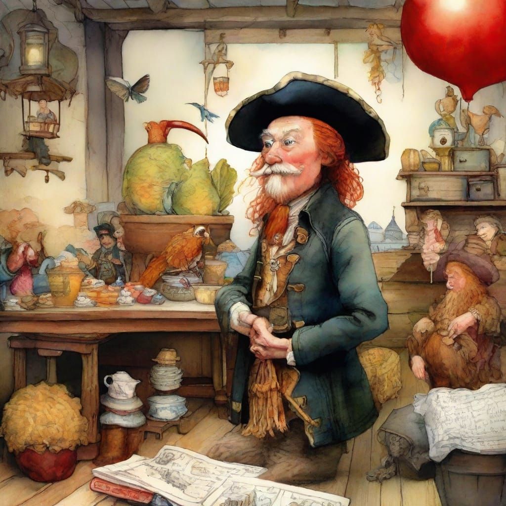 Floating Tub Above London: Surreal Cartoon in Watercolor Sty...