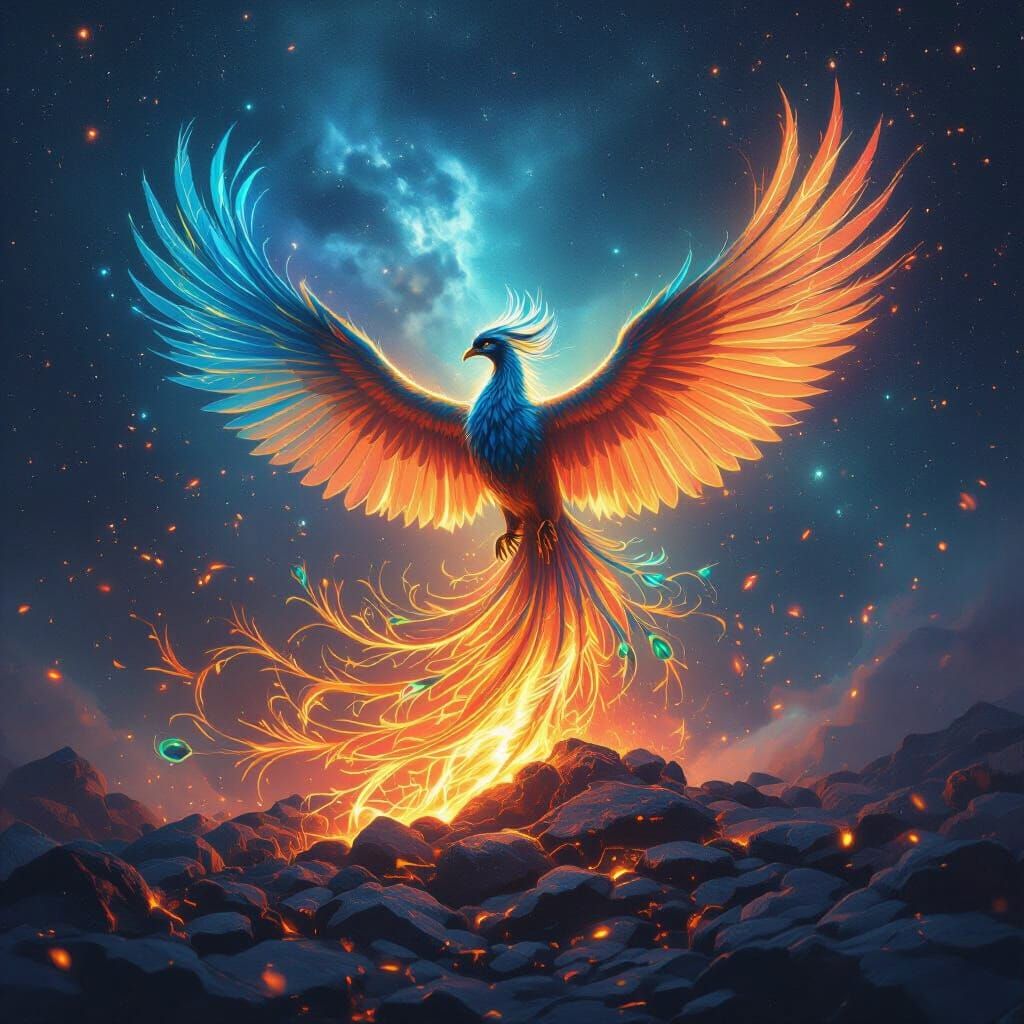 Phoenix Rising from Embers in Digital Fantasy Art