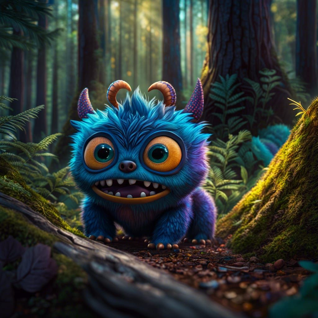 Cute Furry Monster in Forest: Pixar Style