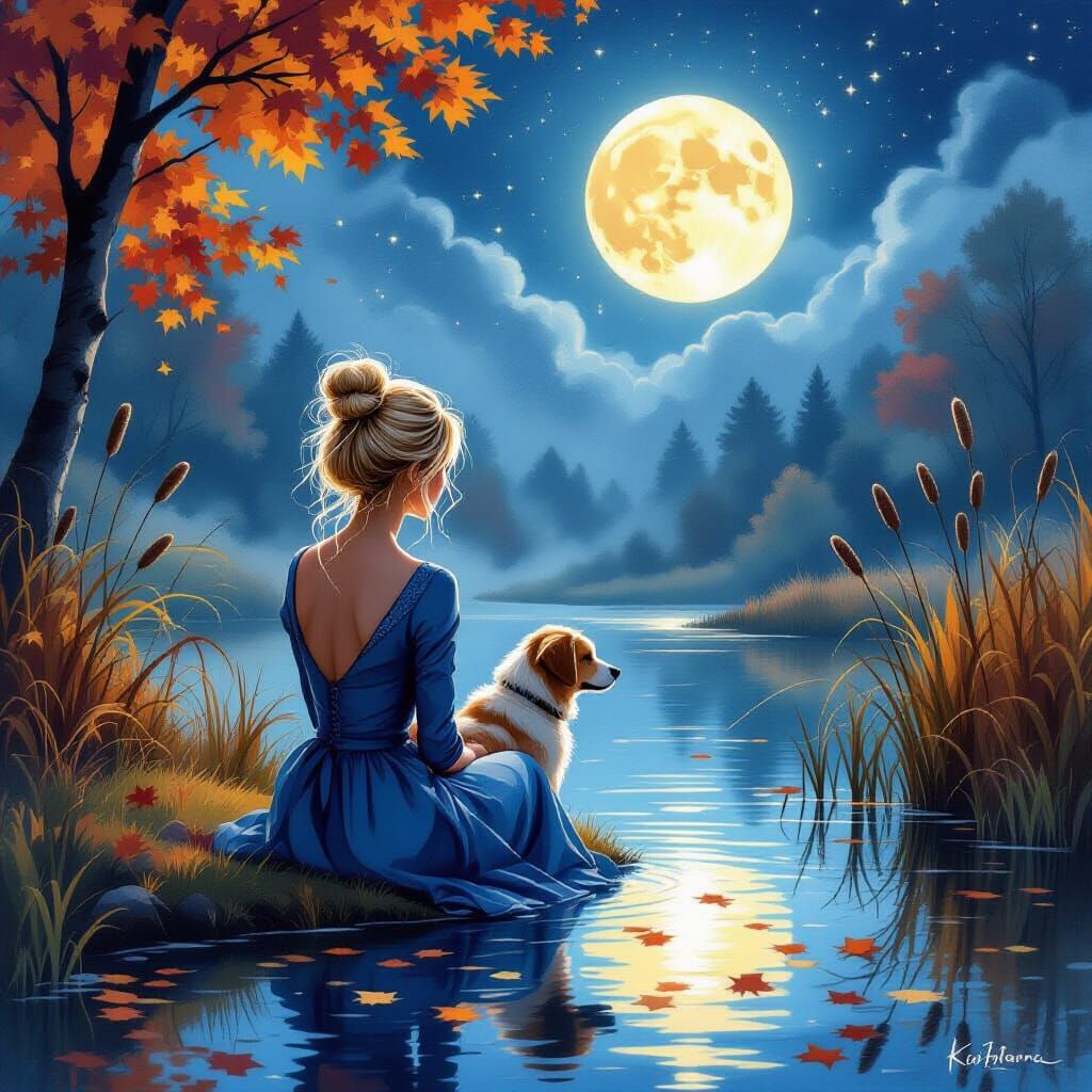 Woman and Dog by Autumn Pond Under Full Moon