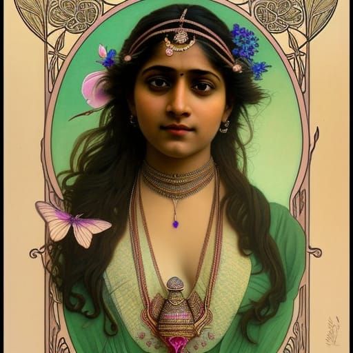 Art Nouveau Indian Woman with Hummingbird