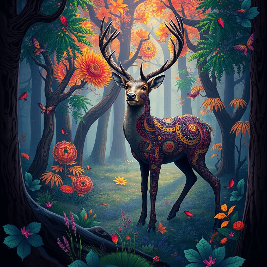 Mystic Deer in Vibrant Forest: Fauvism Style