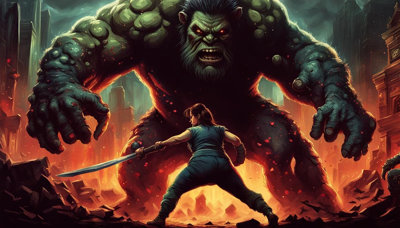 Epic Showdown: Female Hero vs. Ogre in Dark Fantasy