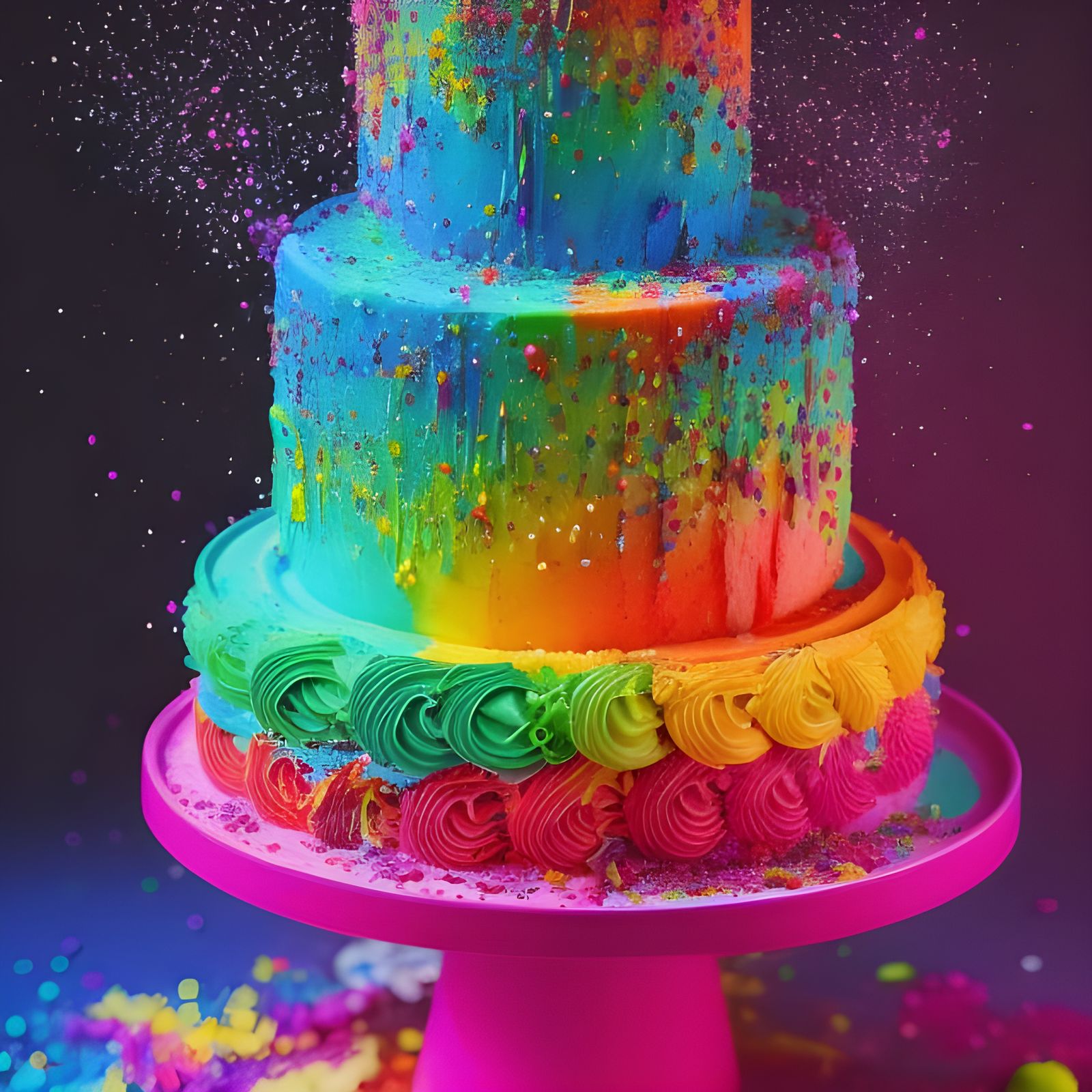 Delicious Rainbow Cake on Wooden Table in Photoillustration