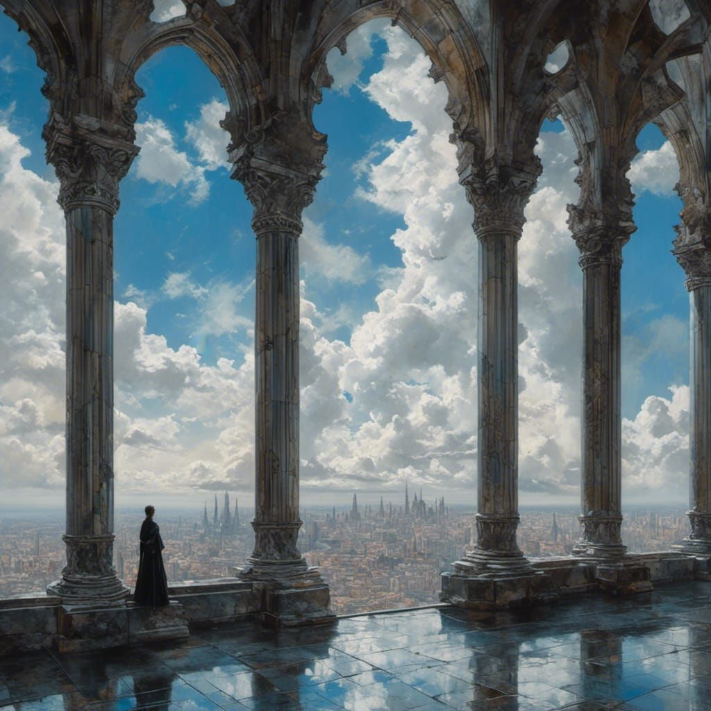 Futuristic Gothic Cloister Floating in the Clouds
