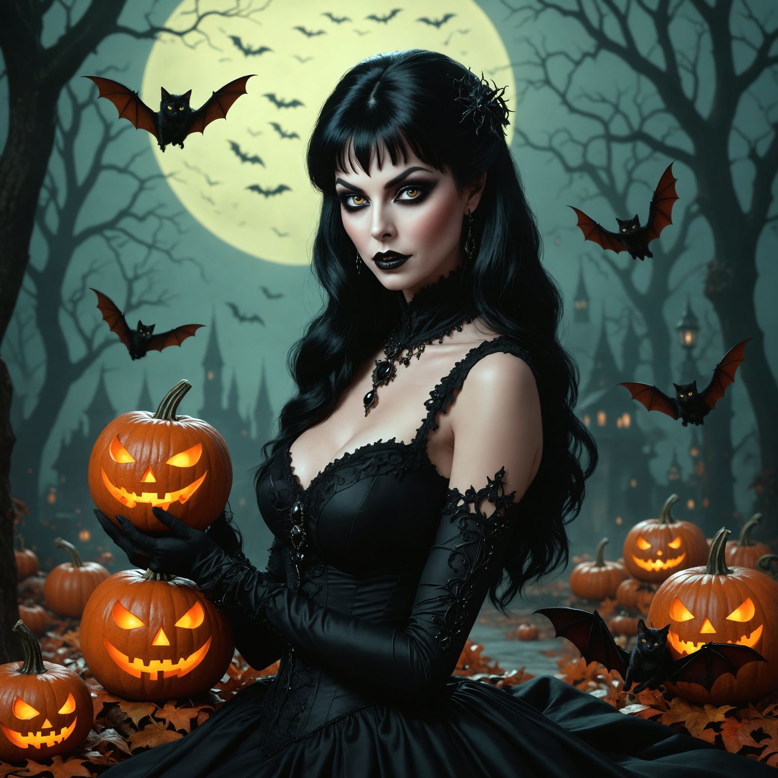 Gothic Halloween Enchantress with Bats and Pumpkins