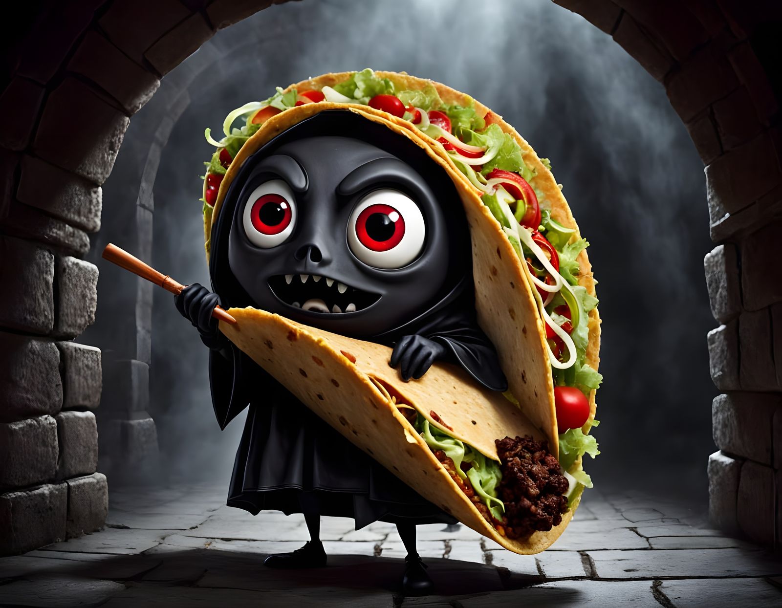 Cartoon Taco with Gleaming Red Eyes in Shadow