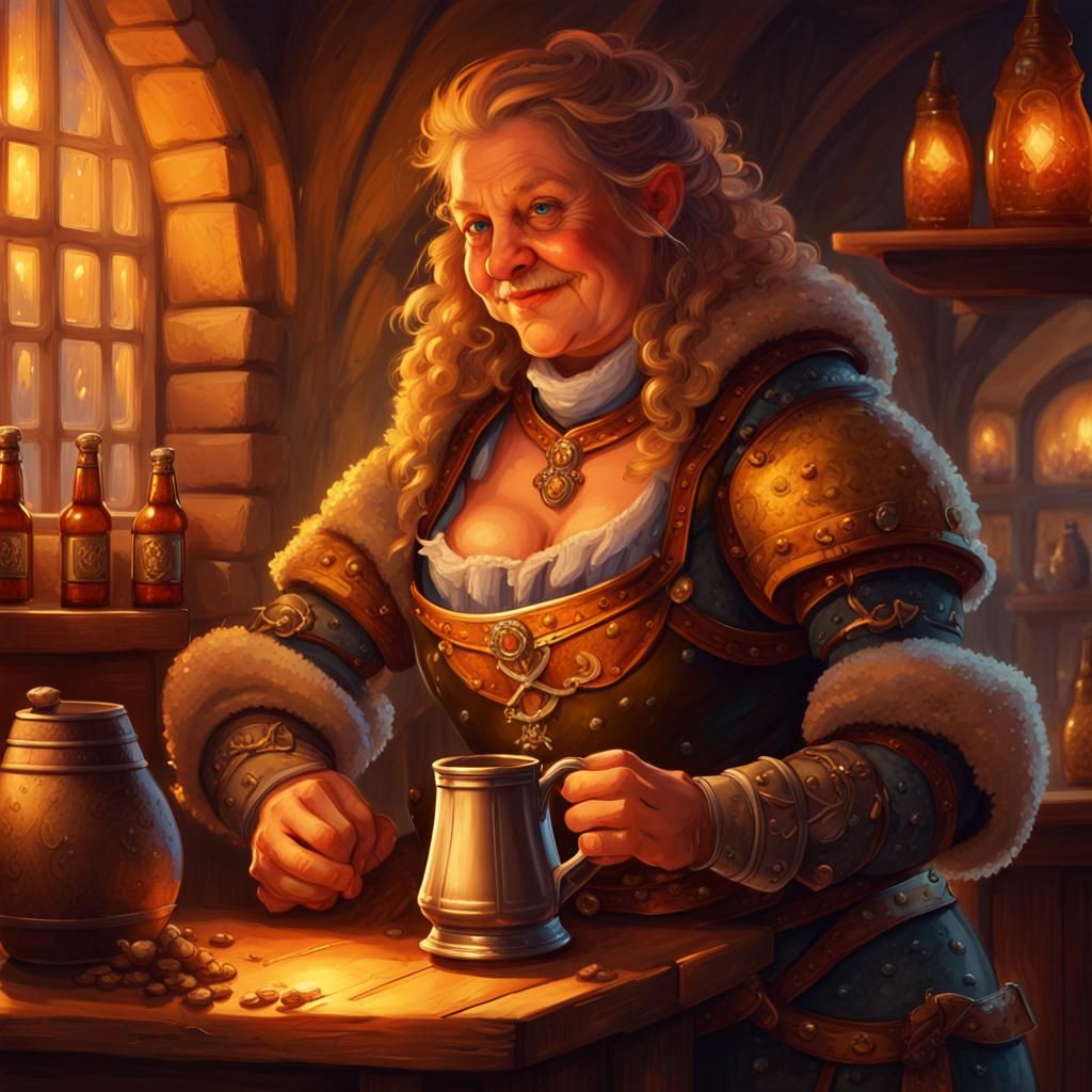 Dwarven Bartender in Cozy Medieval Inn: Fantasy Portrait