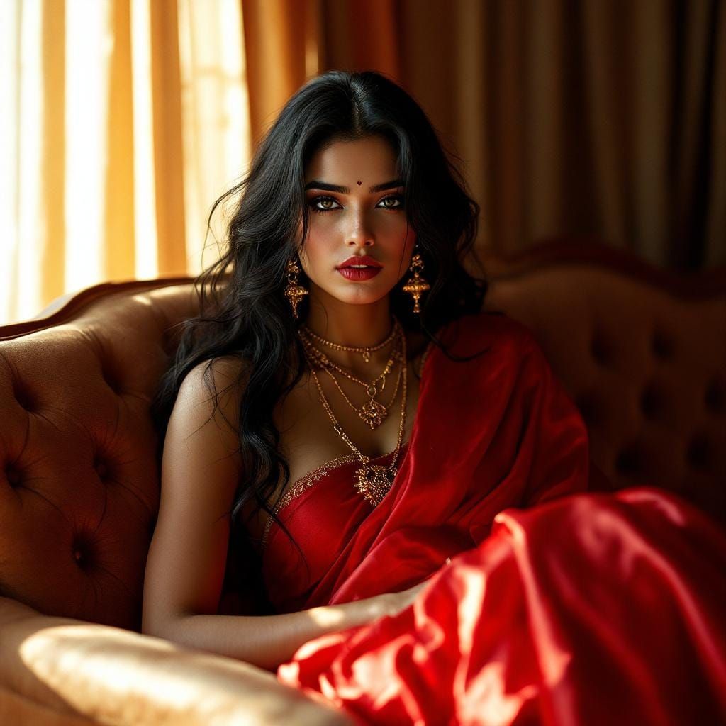 Indian Model in Red Saree: Cinematic Film Still