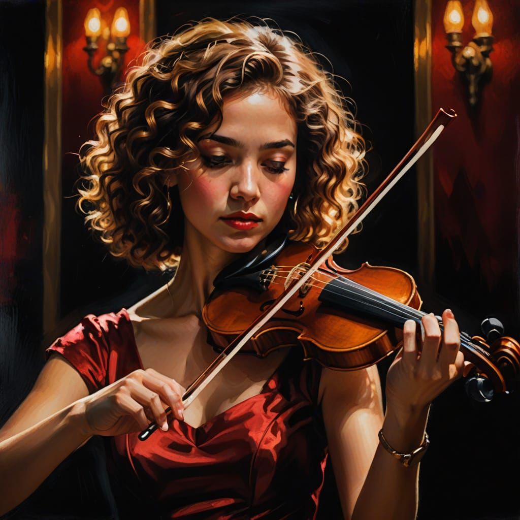 Violinist in Red Dress: Vibrant Oil Painting Portrait