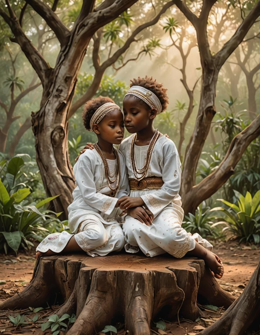 Serene Twins in African Attire: Sacred Realism Art