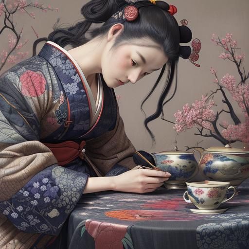 Hokusai-Style Tea Time: Vibrant Embroiderer's Scene