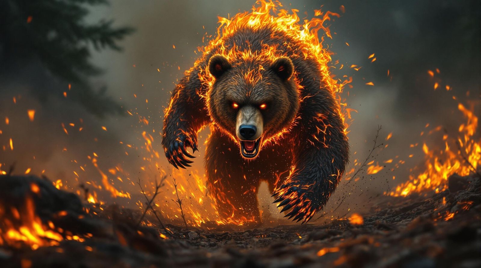 Burning Bear Runs Through Forest Fire, Hyperrealistic