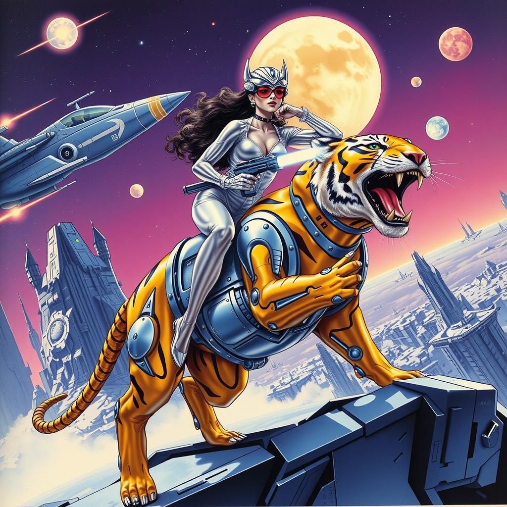 Cyberpunk Woman on Robotic Tiger in Space