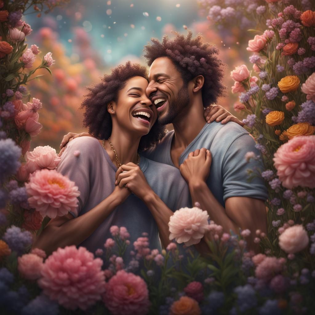 Happy Couple Portrait with Flowers in Pastel Colors