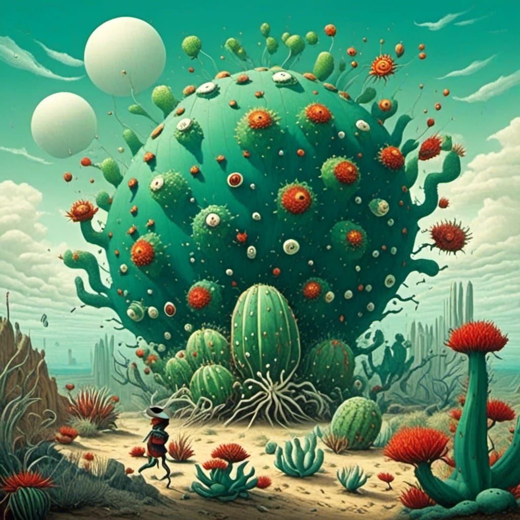 Surreal Cactus Desert Landscape with Kraken Sky