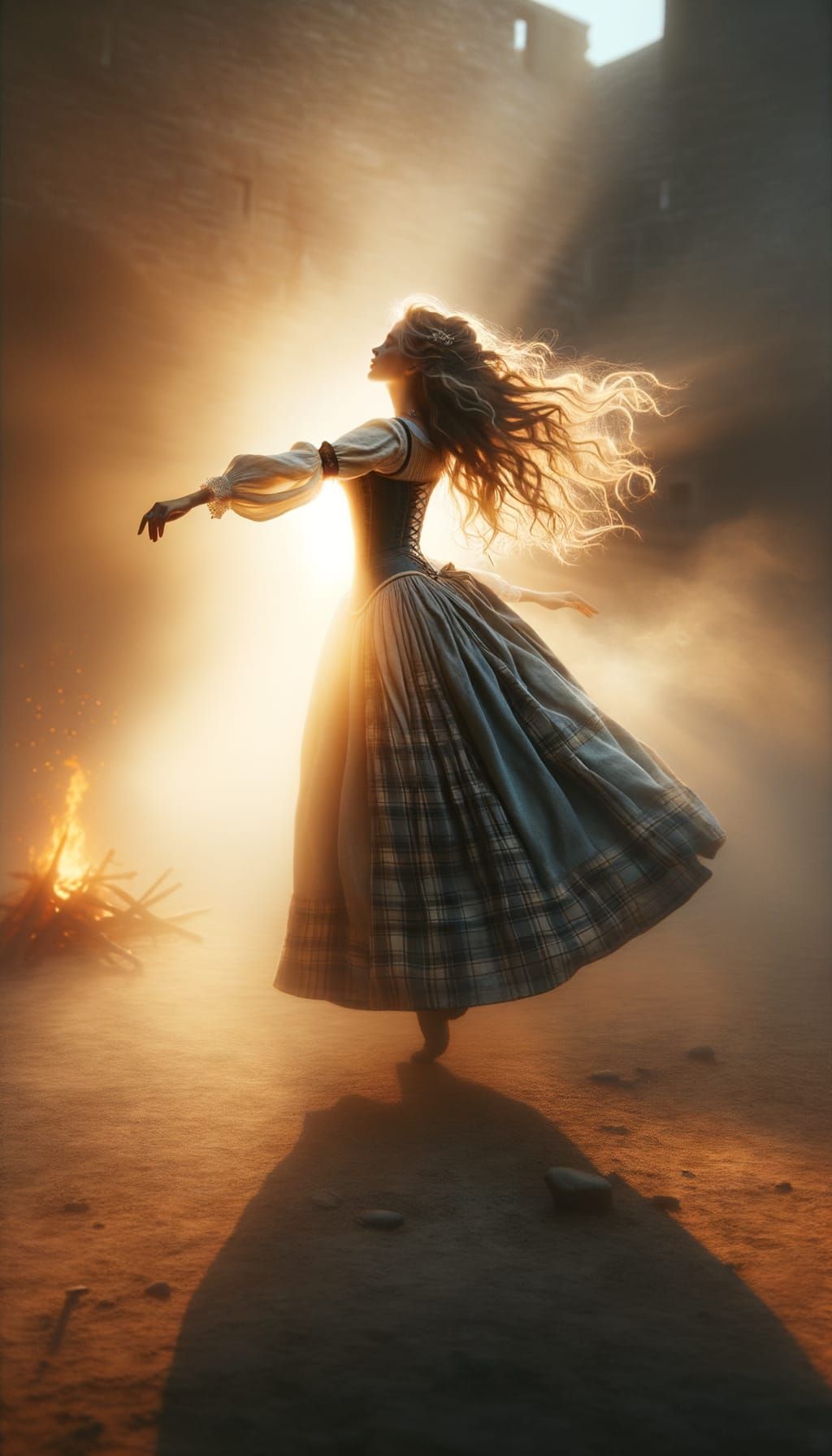 Free-Spirited Scottish Woman Dances Under Firelight