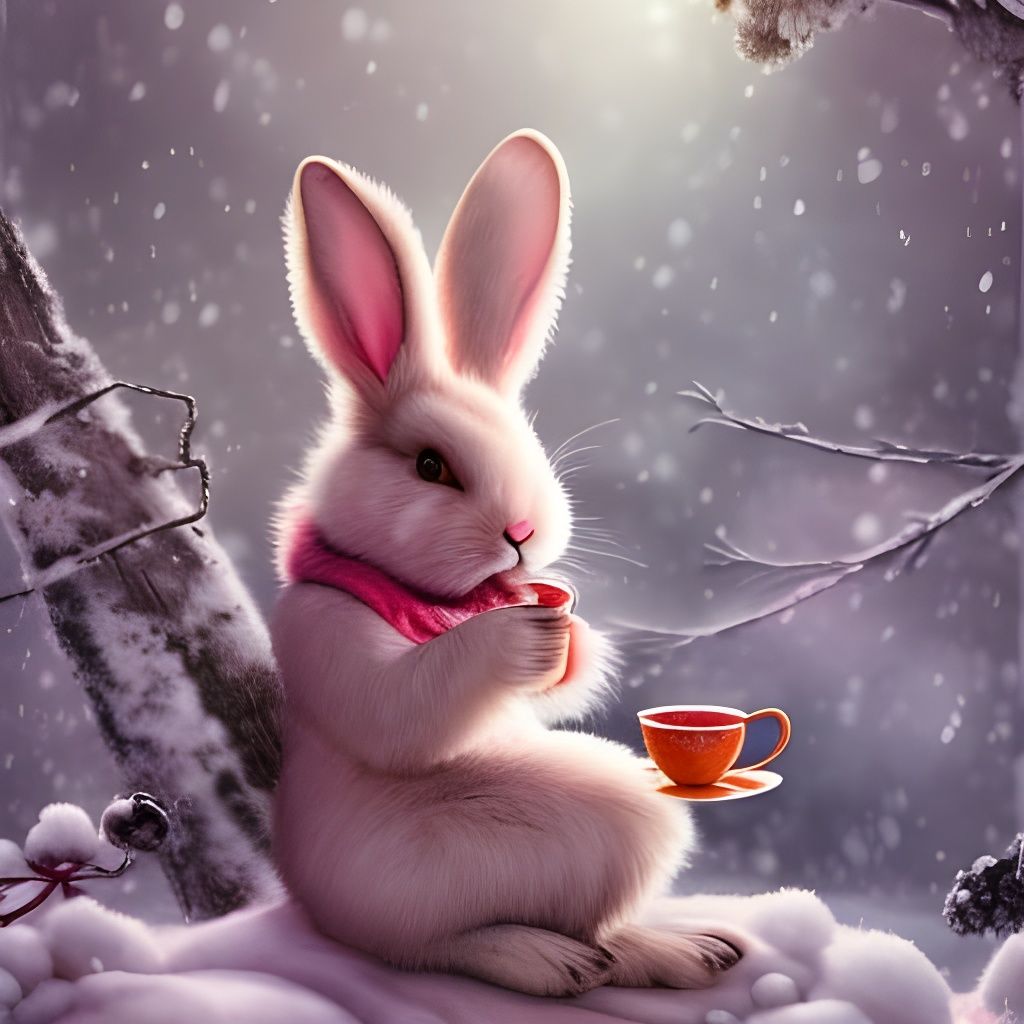 Cute Pink Rabbit Tea Party in Winter Garden