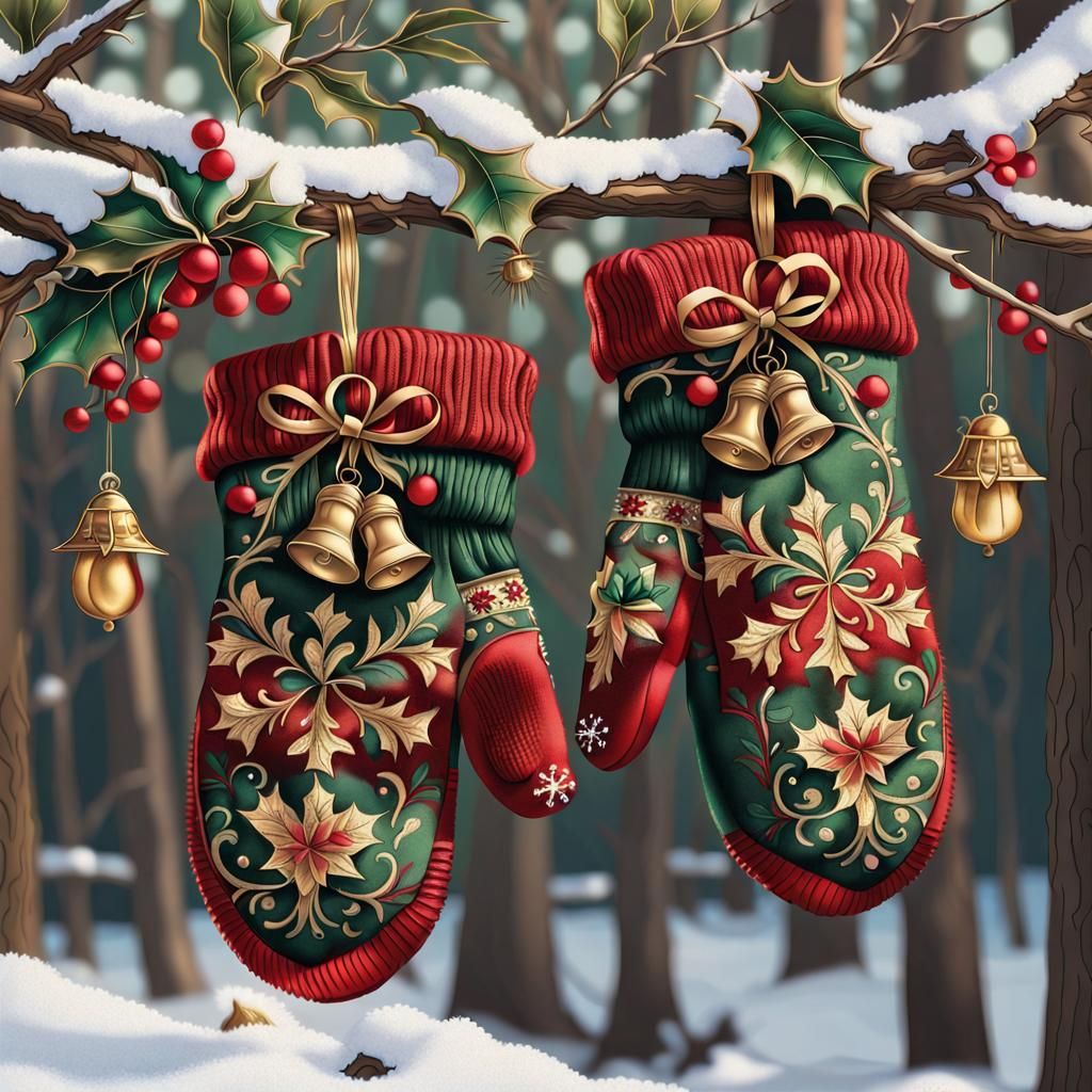 Christmas Mittens Winter Scene in Hyperreal Style