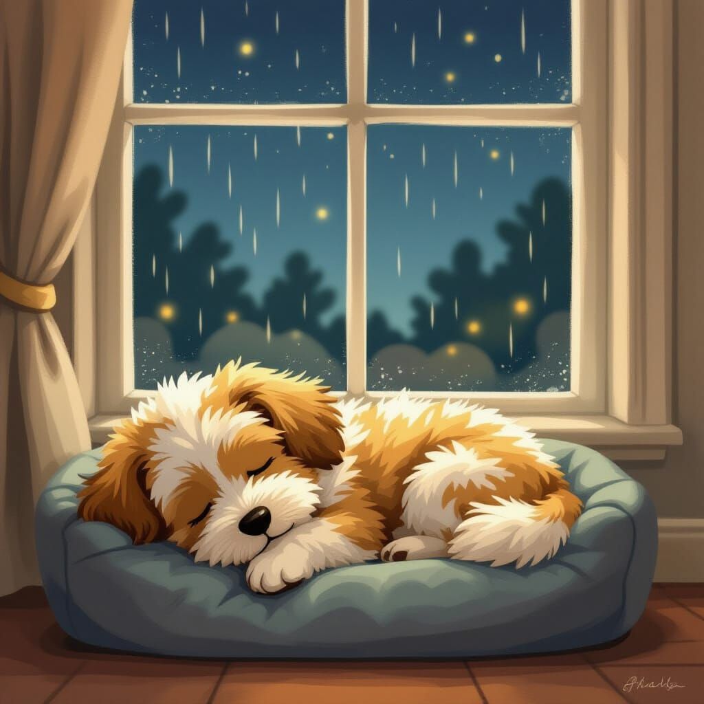 Fluffy Dog Sleeping Peacefully in Cozy Bed at Midnight