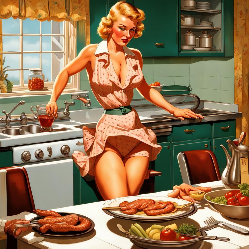 1930s Pin-Up Woman Serving Dinner: Hyperrealistic Art