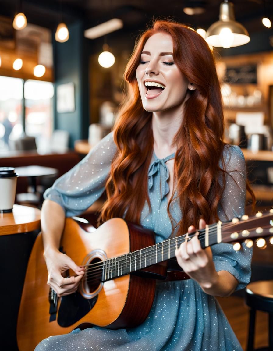 Young Woman Singing and Playing Guitar in Cafe