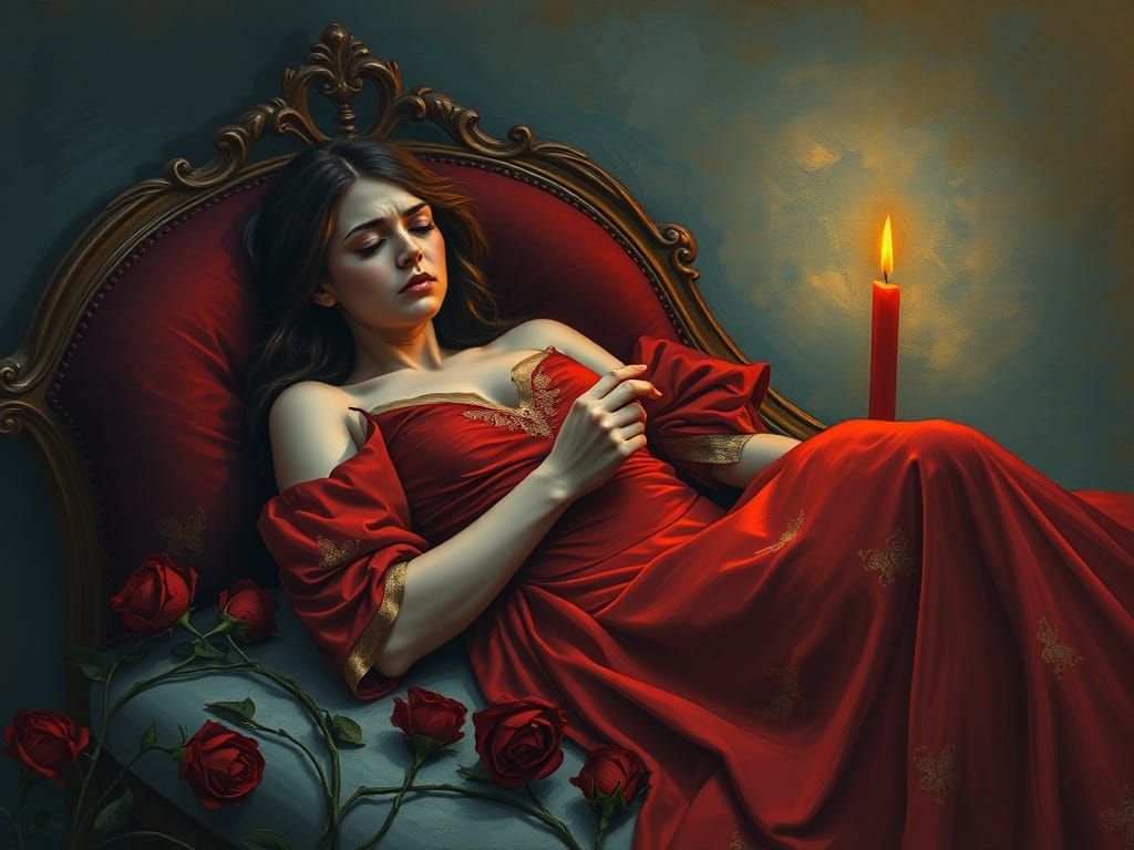 Heartbroken on Valentine's Day in a Crimson Gown