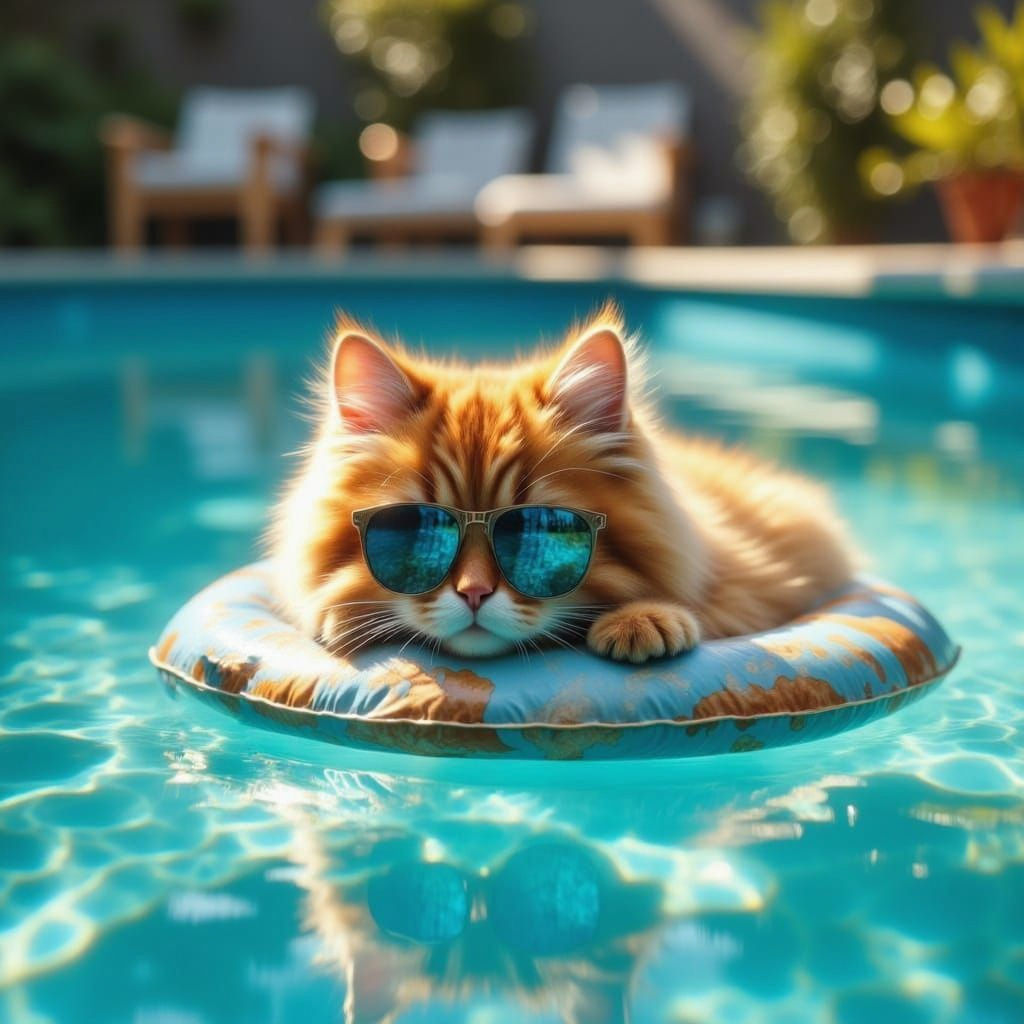 Cat with Sunglasses Relaxing in Pool